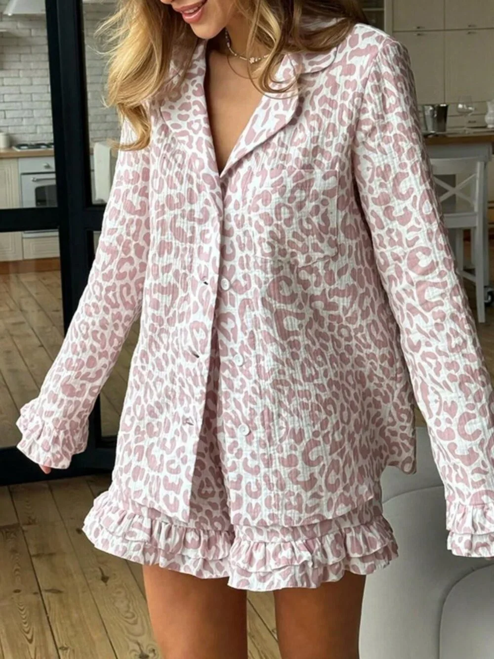 Pink Women's Button Down Leopard Print Pajama Set With Ruffled Hem Shorts